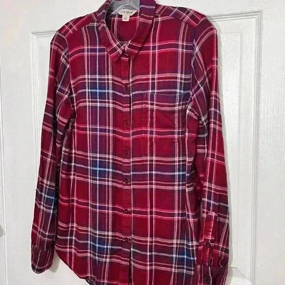 LUCKY BRAND Red Split Back Plaid Button Down Flannel Top | size small - Picture 3 of 9